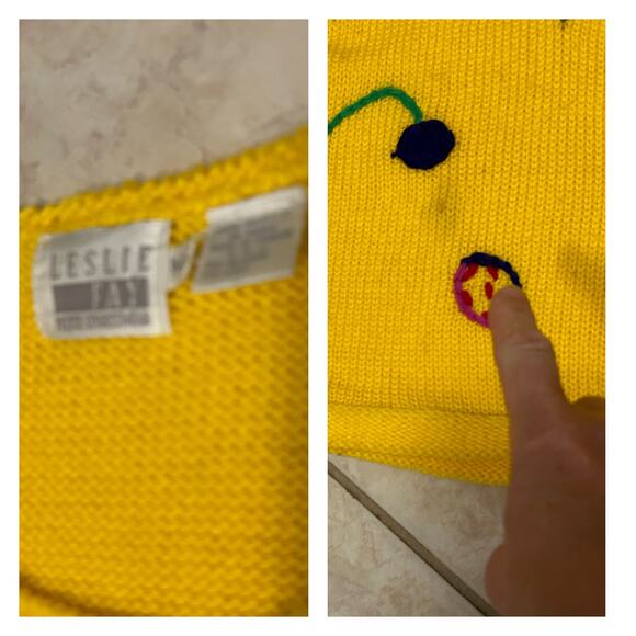 Vintage 80s Leslie Fay Soft Yellow Knit Top with Rainbow Applique Flowers M - Picture 4 of 4